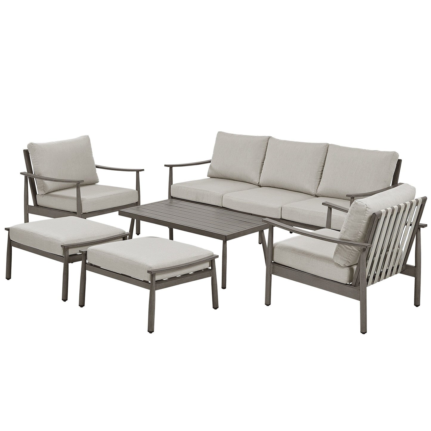 Set da conversazione in alluminio da 6 pezzi per patio, divano da esterno a 3 posti con pouf e tavolino da caffè