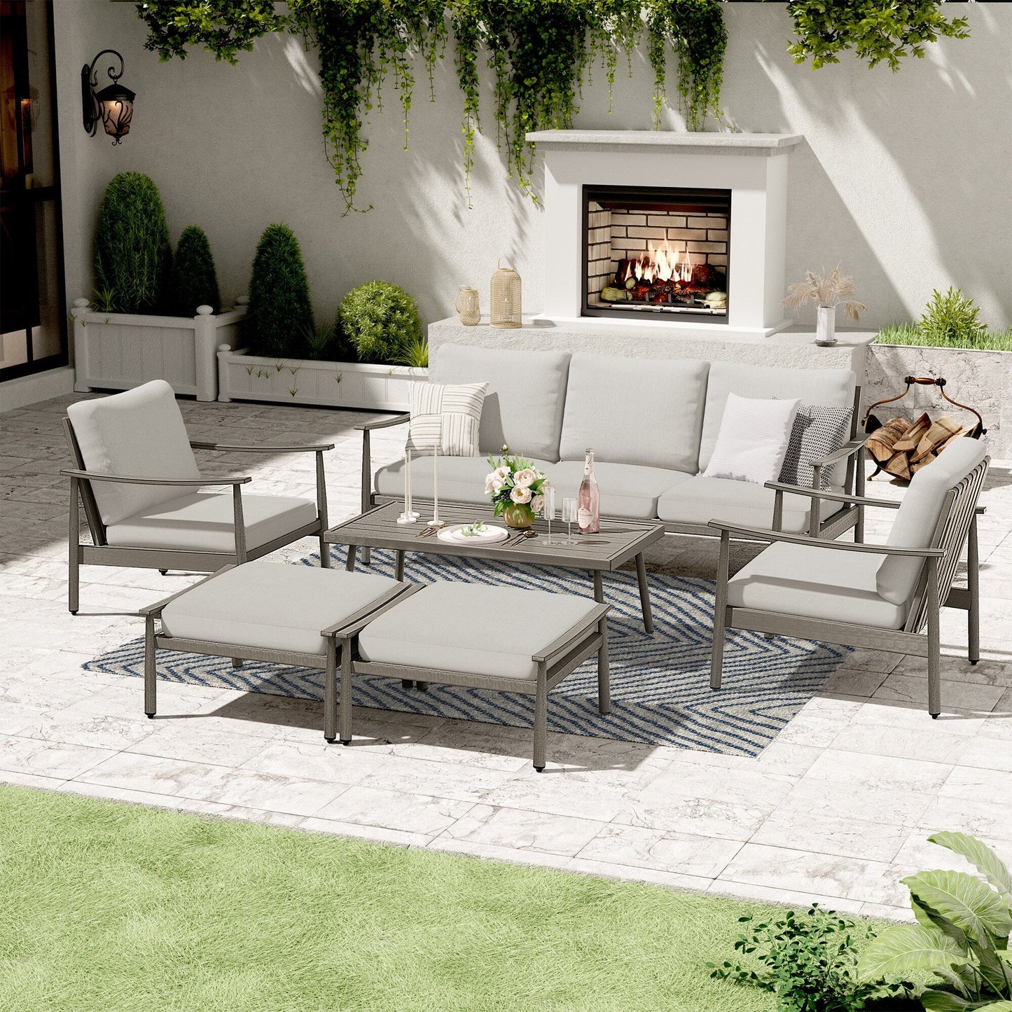 Set da conversazione in alluminio da 6 pezzi per patio, divano da esterno a 3 posti con pouf e tavolino da caffè