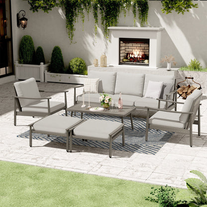 Set da conversazione in alluminio da 6 pezzi per patio, divano da esterno a 3 posti con pouf e tavolino da caffè