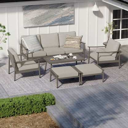 Set da conversazione in alluminio da 6 pezzi per patio, divano da esterno a 3 posti con pouf e tavolino da caffè