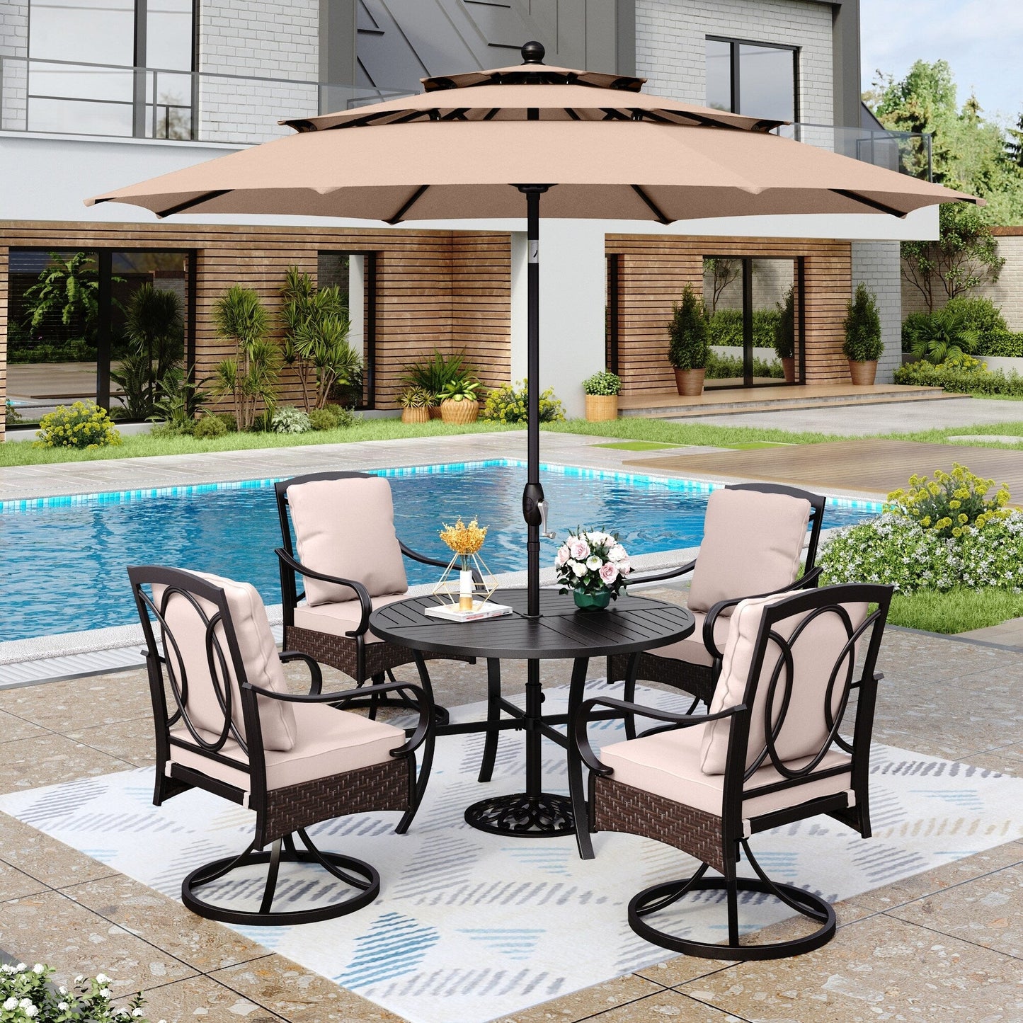 MAISON?ARTS Set da pranzo per esterni in metallo da 6 pezzi con cuscini beige, 4 sedie da pranzo girevoli e ombrellone beige