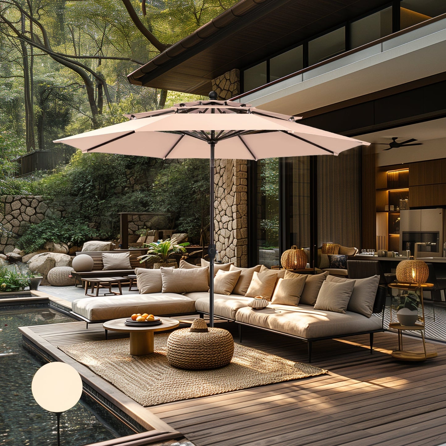 MAISON?ARTS Set da pranzo per esterni in metallo da 6 pezzi con cuscini beige, 4 sedie da pranzo girevoli e ombrellone beige