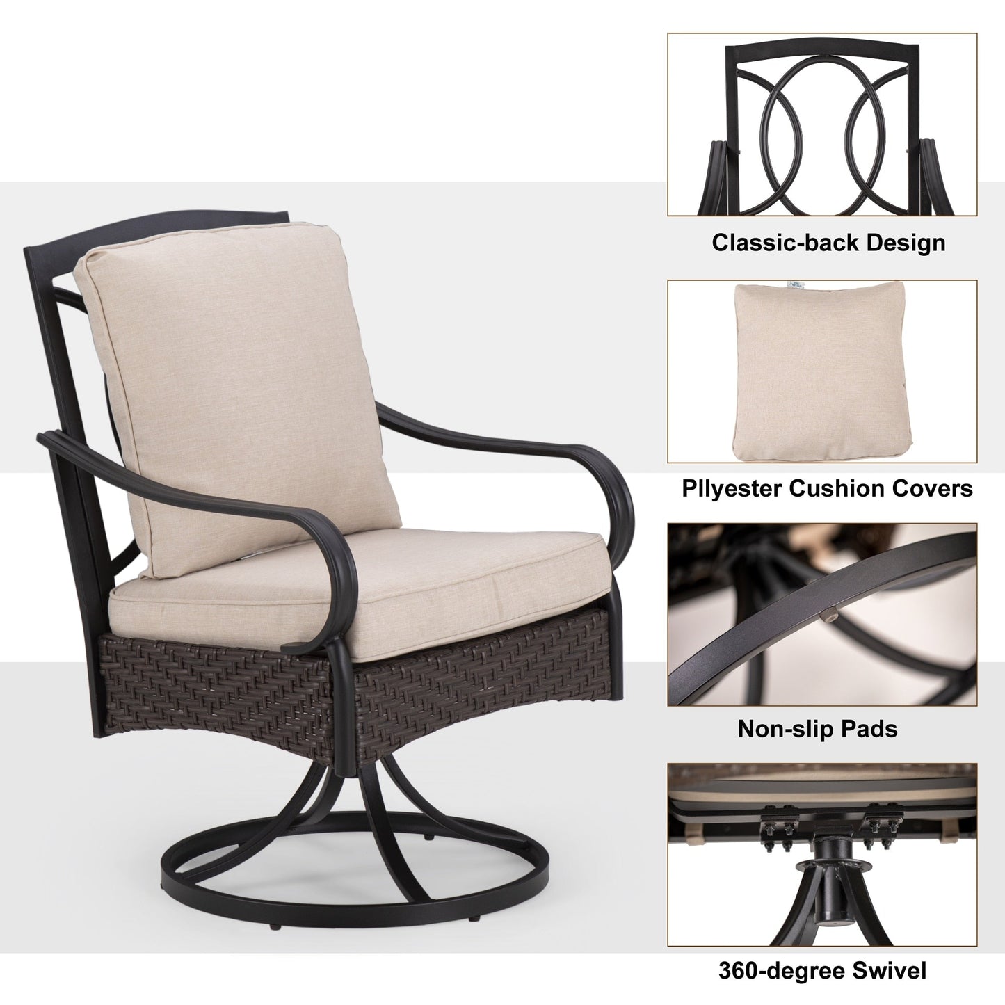 MAISON?ARTS Set da pranzo per esterni in metallo da 6 pezzi con cuscini beige, 4 sedie da pranzo girevoli e ombrellone beige