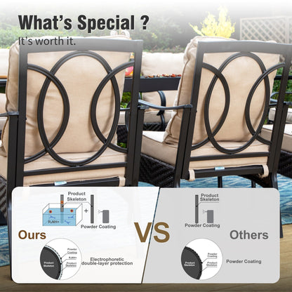 MAISON?ARTS Set da pranzo per esterni in metallo da 6 pezzi con cuscini beige, 4 sedie da pranzo girevoli e ombrellone beige