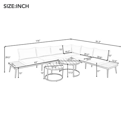 Set di divani componibili da esterno da 6 pezzi con tavolini rotondi impilabili e divano con cuscini