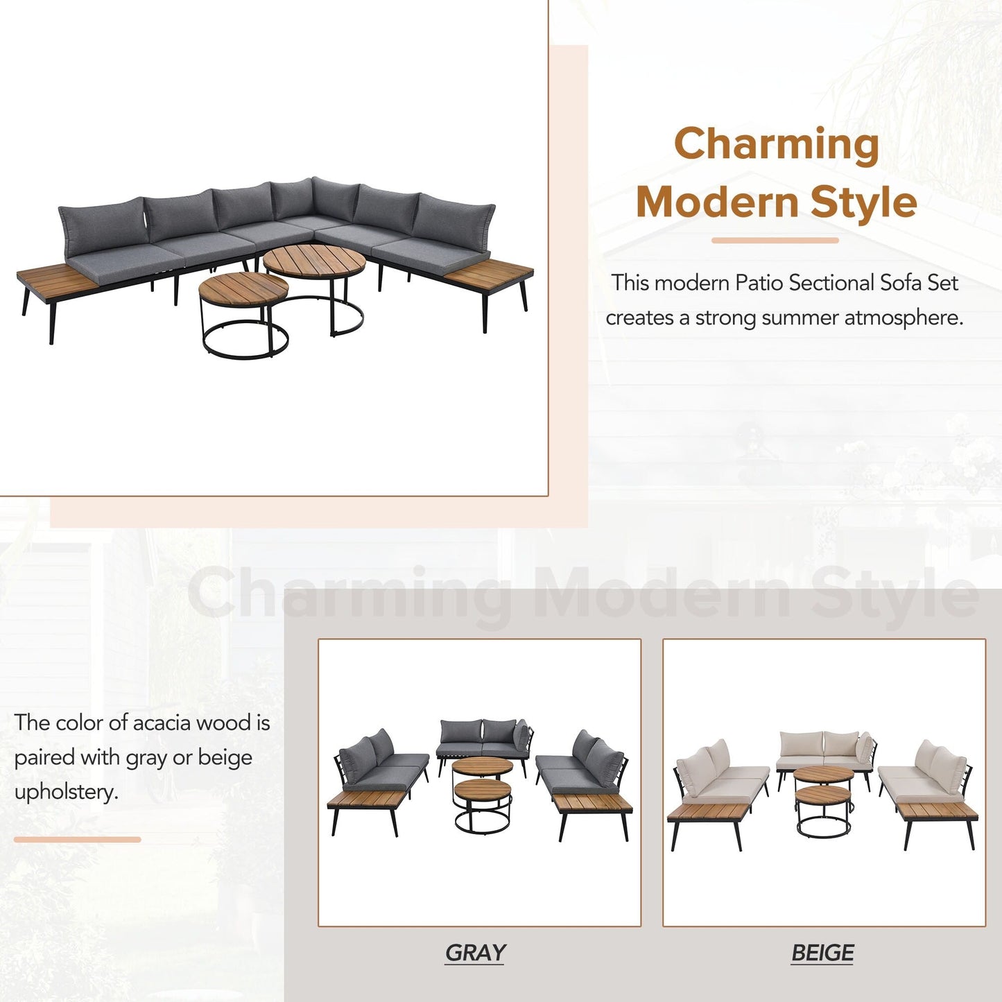 Set di divani componibili da esterno da 6 pezzi con tavolini rotondi impilabili e divano con cuscini