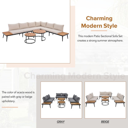 Set di divani componibili da esterno da 6 pezzi con tavolini rotondi impilabili e divano con cuscini