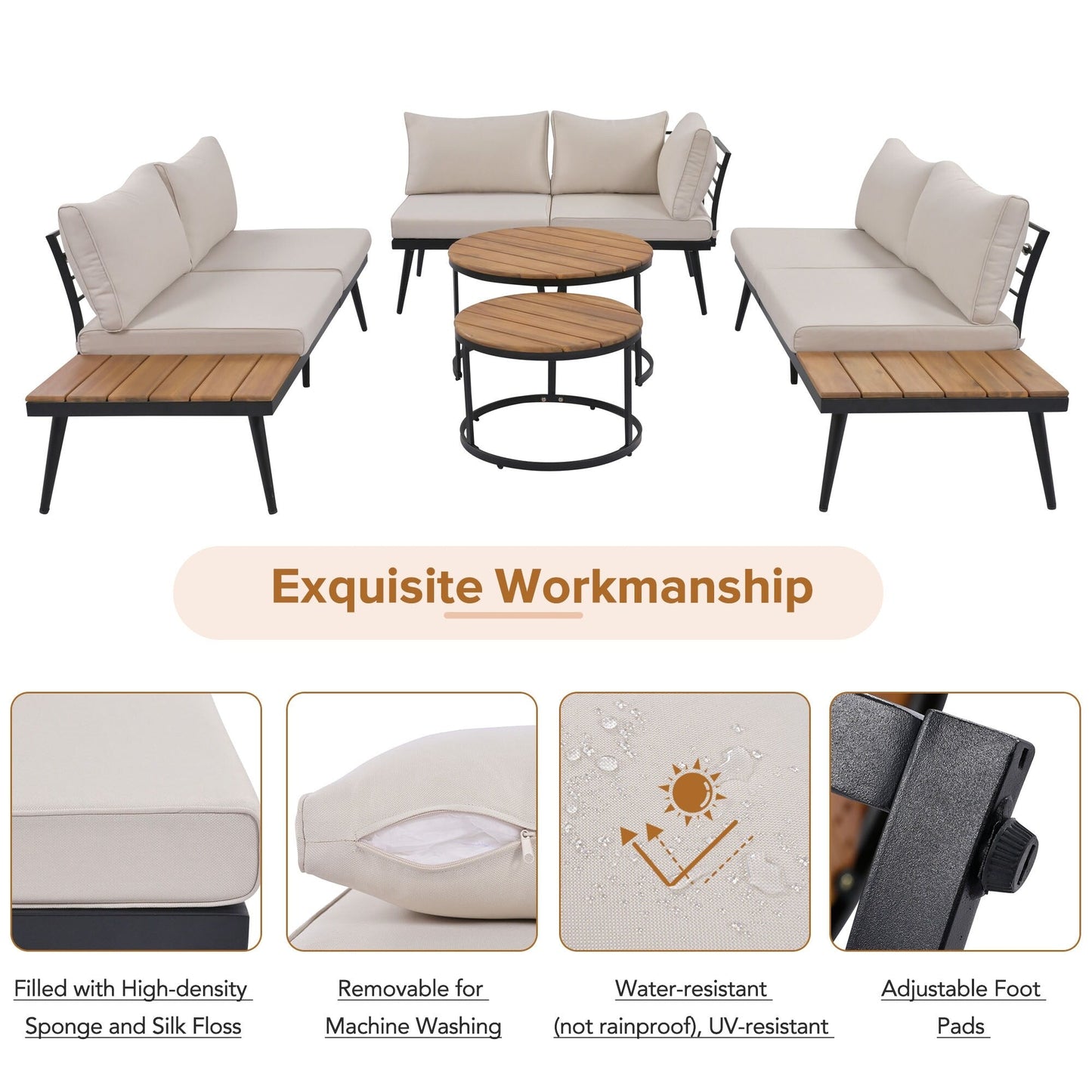 Set di divani componibili da esterno da 6 pezzi con tavolini rotondi impilabili e divano con cuscini