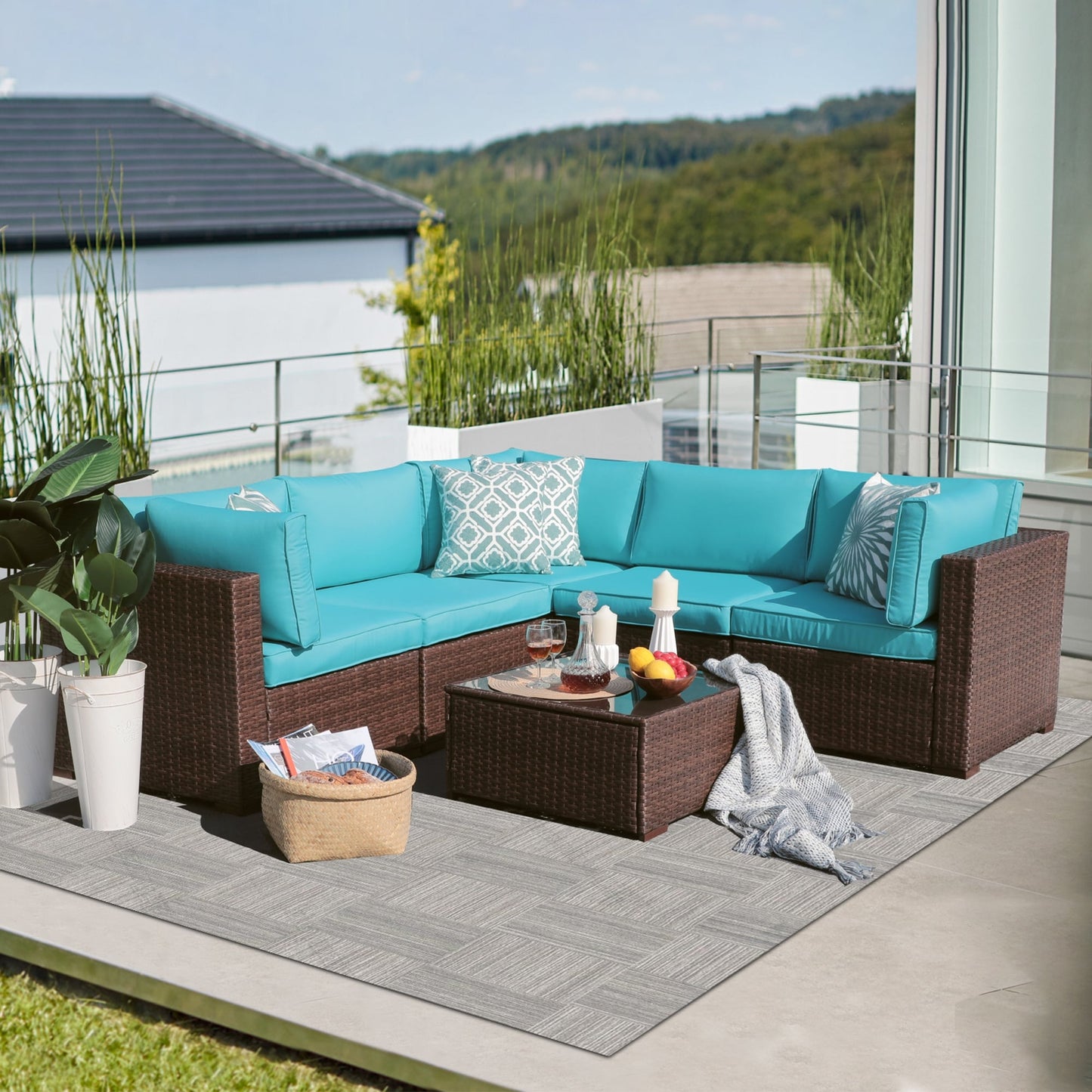 Set di divani componibili in vimini da esterno da 6 pezzi con cuscini