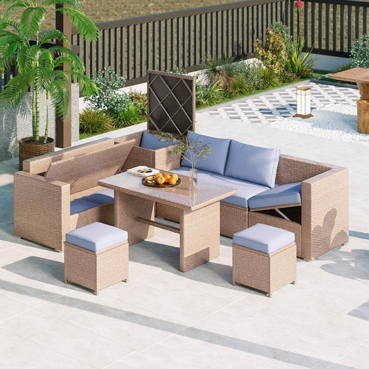 Set di divani da giardino in rattan PE da 6 pezzi con contenitore e sedili regolabili