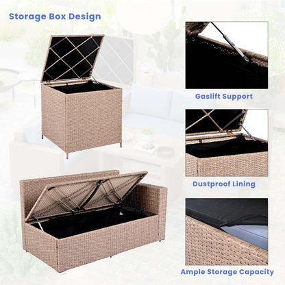 Set di divani da giardino in rattan PE da 6 pezzi con contenitore e sedili regolabili