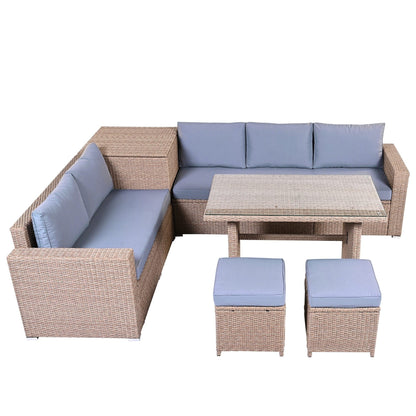 Set di divani da giardino in rattan PE da 6 pezzi con contenitore e sedili regolabili