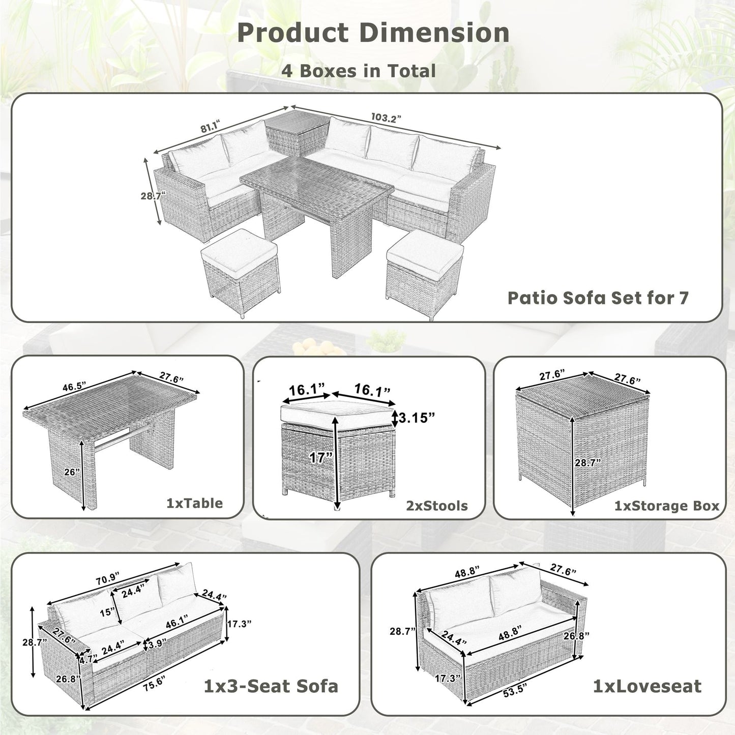 Set di divani da giardino in rattan PE da 6 pezzi con contenitore e sedili regolabili