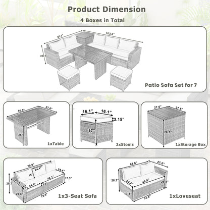 Set di divani da giardino in rattan PE da 6 pezzi con contenitore e sedili regolabili