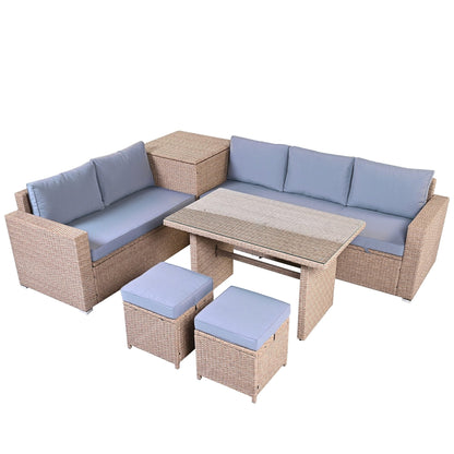 Set di divani da giardino in rattan PE da 6 pezzi con contenitore e sedili regolabili
