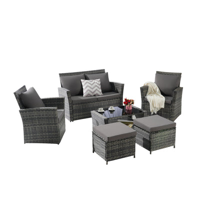 Set di mobili da conversazione per patio da 6 pezzi, divano componibile in vimini per tutte le stagioni con tavolino in vetro e 2 pouf