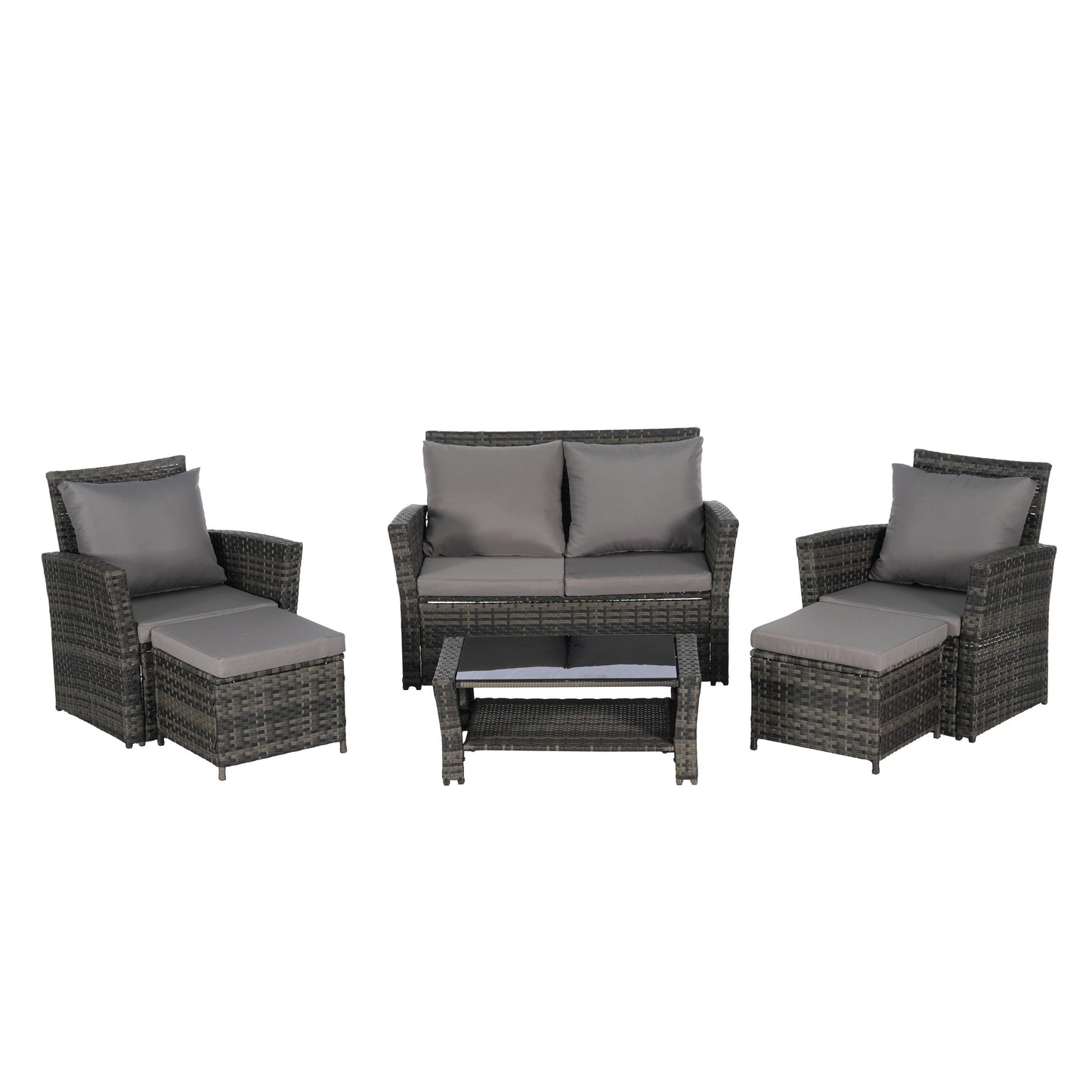 Set di mobili da conversazione per patio da 6 pezzi, divano componibile in vimini per tutte le stagioni con tavolino in vetro e 2 pouf