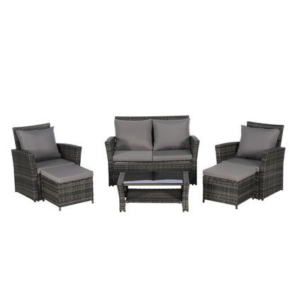 Set di mobili da conversazione per patio da 6 pezzi, divano componibile in vimini per tutte le stagioni con tavolino in vetro e 2 pouf