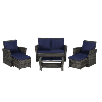 Set di mobili da conversazione per patio da 6 pezzi, divano componibile in vimini per tutte le stagioni con tavolino in vetro e 2 pouf