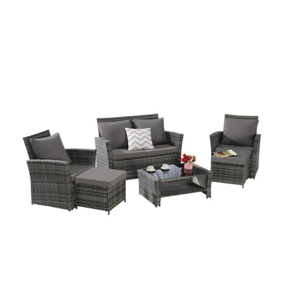 Set di mobili da conversazione per patio da 6 pezzi, divano componibile in vimini per tutte le stagioni con tavolino in vetro e 2 pouf