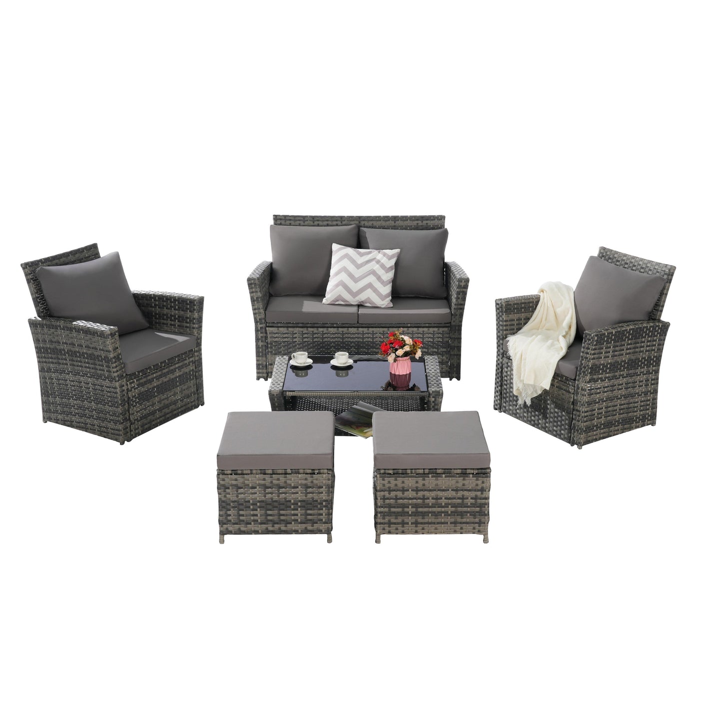 Set di mobili da conversazione per patio da 6 pezzi, divano componibile in vimini per tutte le stagioni con tavolino in vetro e 2 pouf