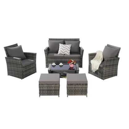 Set di mobili da conversazione per patio da 6 pezzi, divano componibile in vimini per tutte le stagioni con tavolino in vetro e 2 pouf