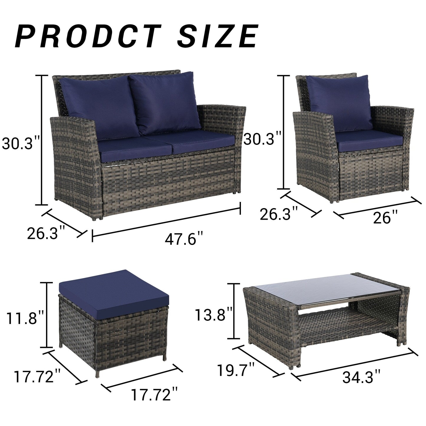 Set di mobili da conversazione per patio da 6 pezzi, divano componibile in vimini per tutte le stagioni con tavolino in vetro e 2 pouf