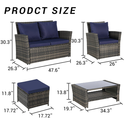 Set di mobili da conversazione per patio da 6 pezzi, divano componibile in vimini per tutte le stagioni con tavolino in vetro e 2 pouf