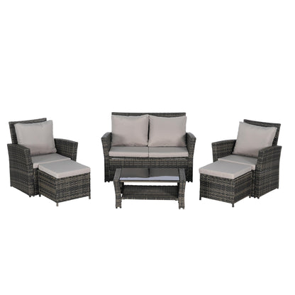 Set di mobili da conversazione per patio da 6 pezzi, divano componibile in vimini per tutte le stagioni con tavolino in vetro e 2 pouf