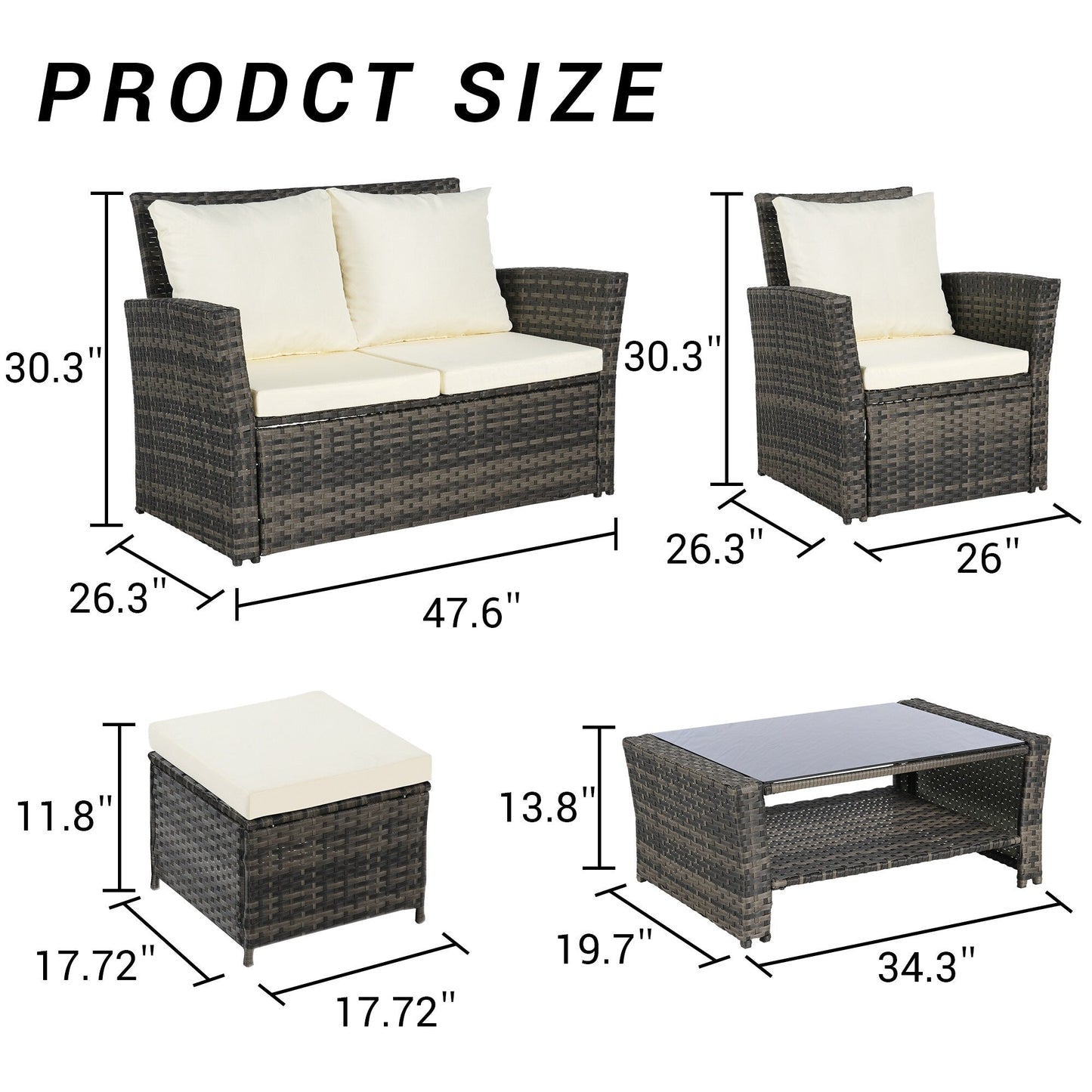 Set di mobili da conversazione per patio da 6 pezzi, divano componibile in vimini per tutte le stagioni con tavolino in vetro e 2 pouf