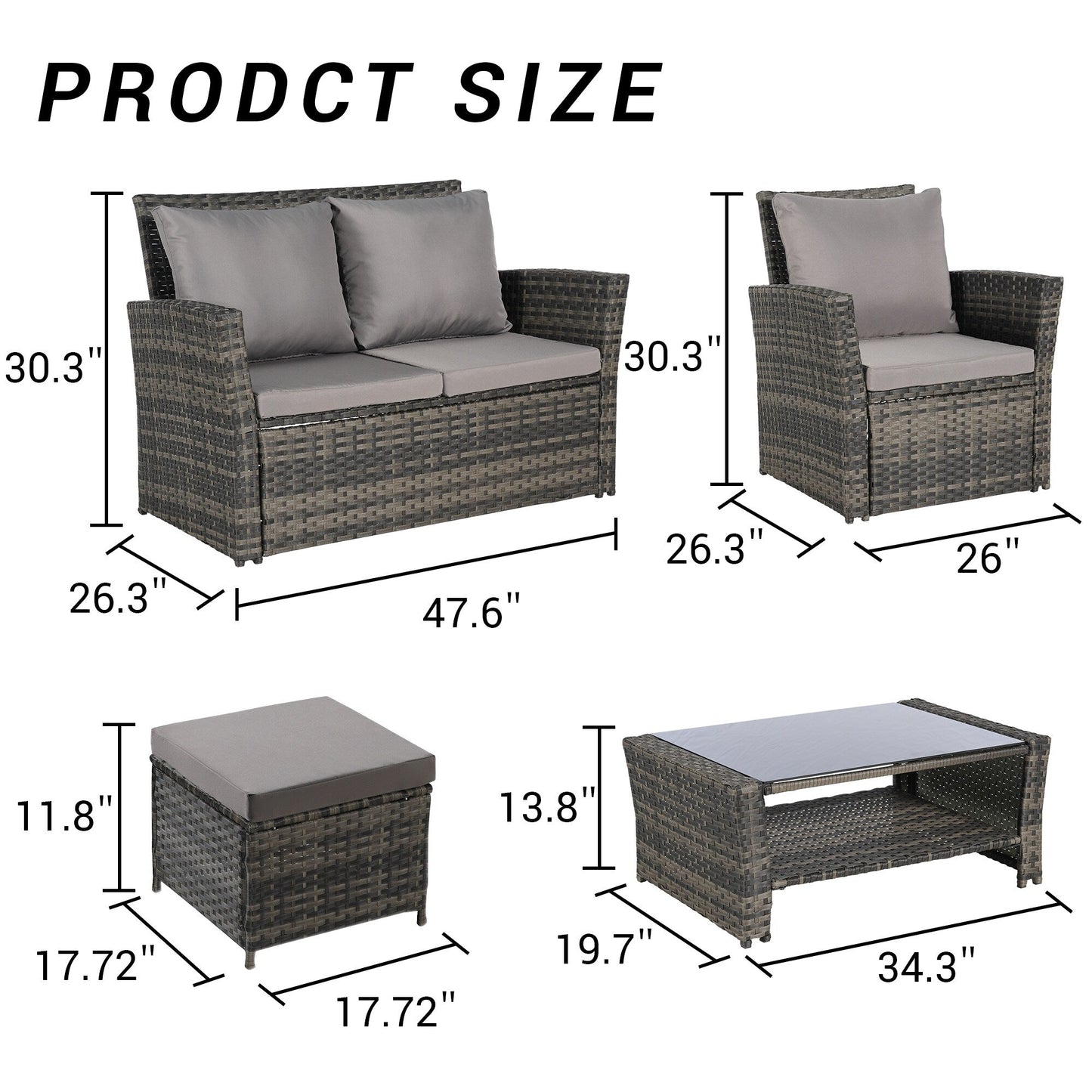 Set di mobili da conversazione per patio da 6 pezzi, divano componibile in vimini per tutte le stagioni con tavolino in vetro e 2 pouf