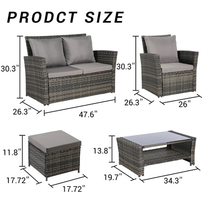 Set di mobili da conversazione per patio da 6 pezzi, divano componibile in vimini per tutte le stagioni con tavolino in vetro e 2 pouf