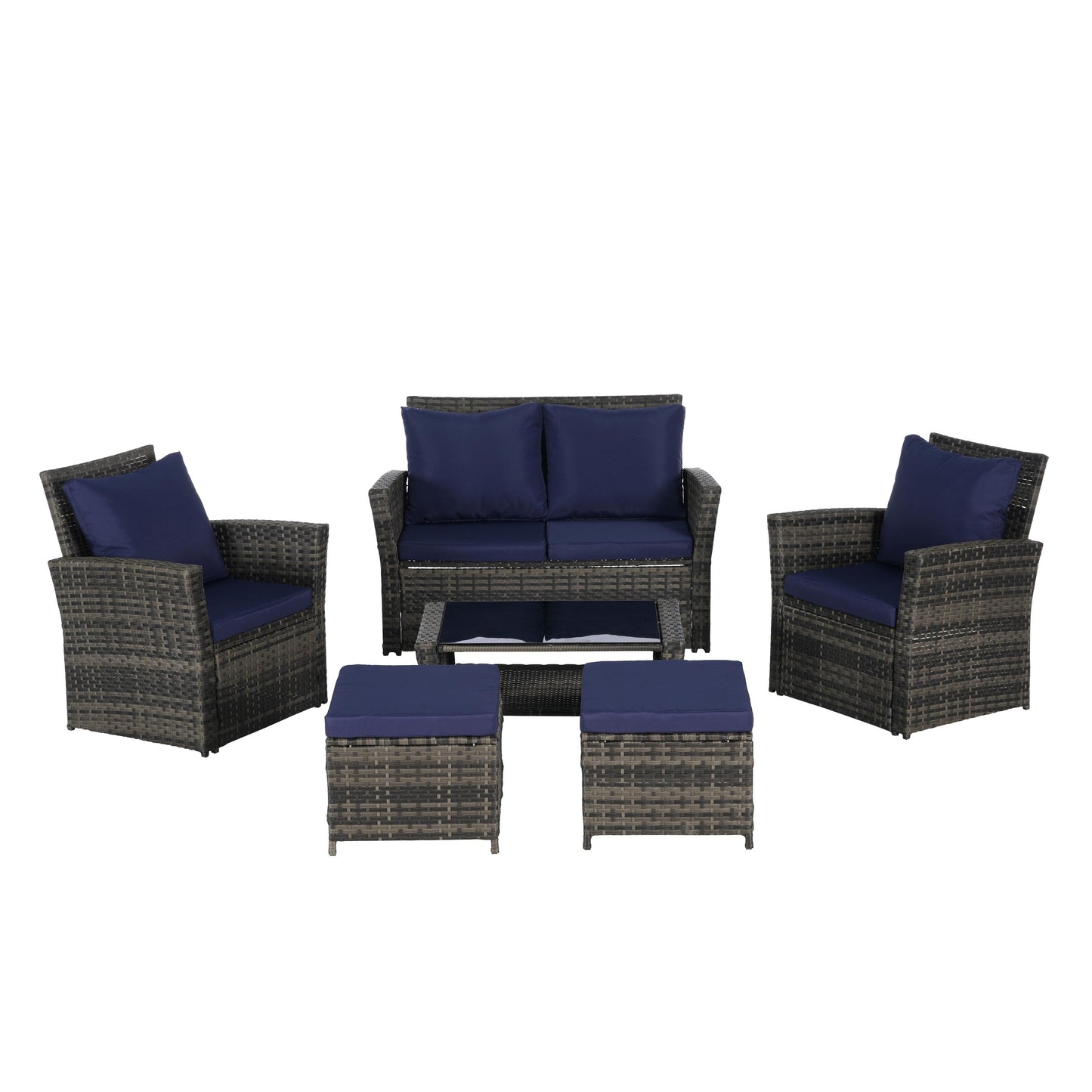 Set di mobili da conversazione per patio da 6 pezzi, divano componibile in vimini per tutte le stagioni con tavolino in vetro e 2 pouf