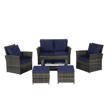 Set di mobili da conversazione per patio da 6 pezzi, divano componibile in vimini per tutte le stagioni con tavolino in vetro e 2 pouf