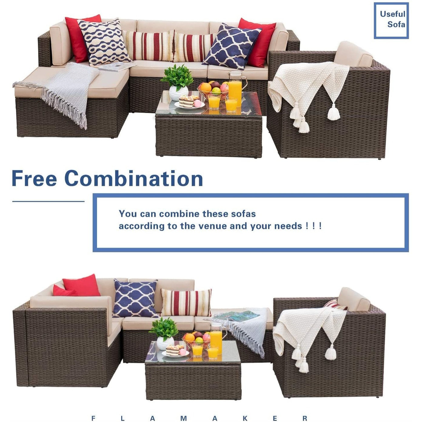 Homall Set di mobili da giardino da 6 pezzi, divano componibile da esterno in rattan PE imbottito, set da conversazione