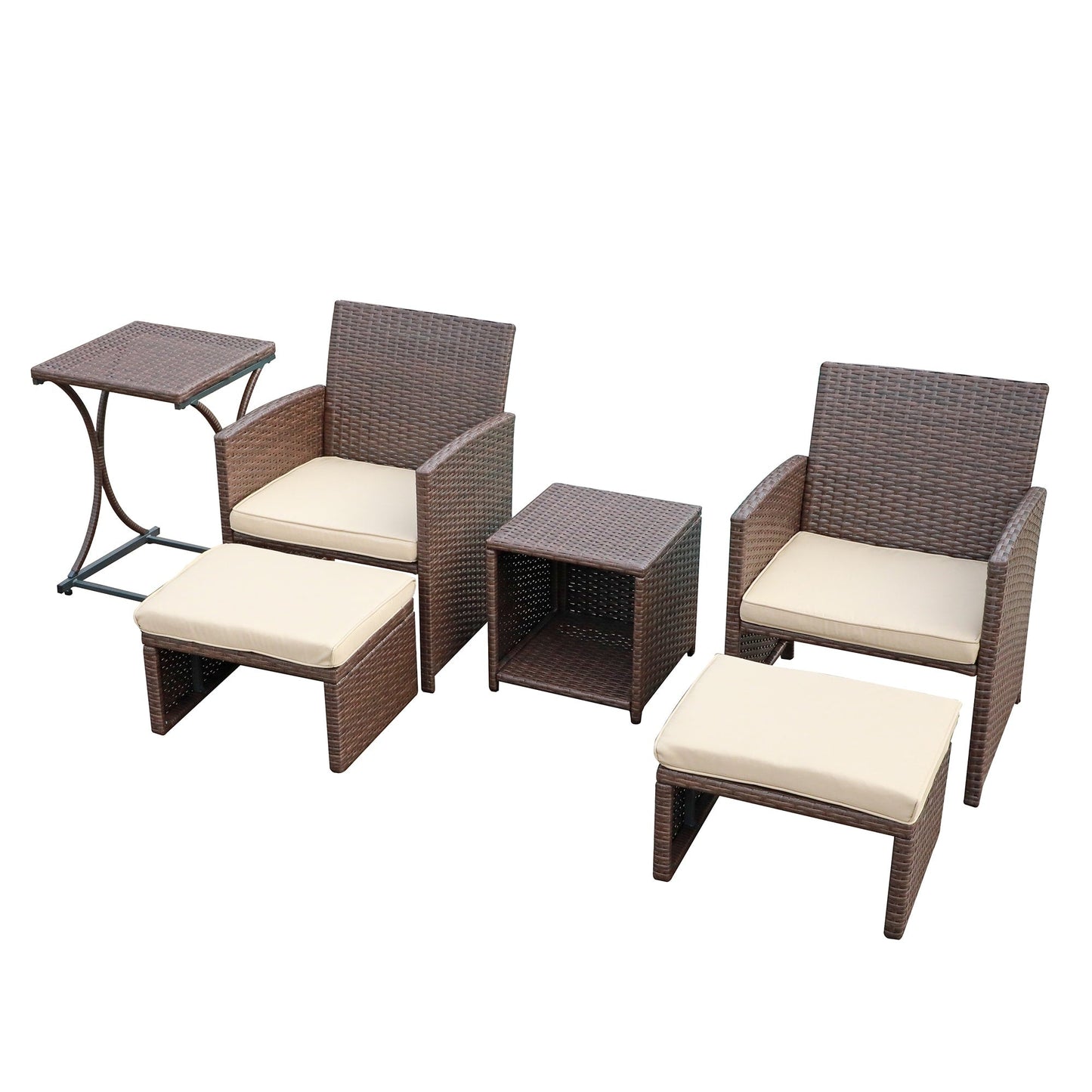 Set da conversazione in vimini da 6 pezzi per patio con pouf e tavolino laterale