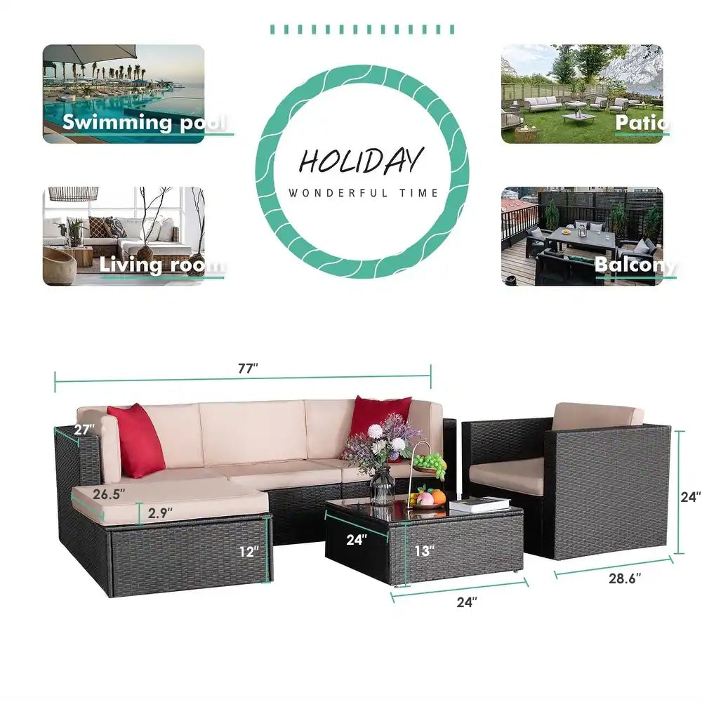 Homall Set di mobili da giardino da 6 pezzi, divano componibile da esterno in rattan PE imbottito, set da conversazione