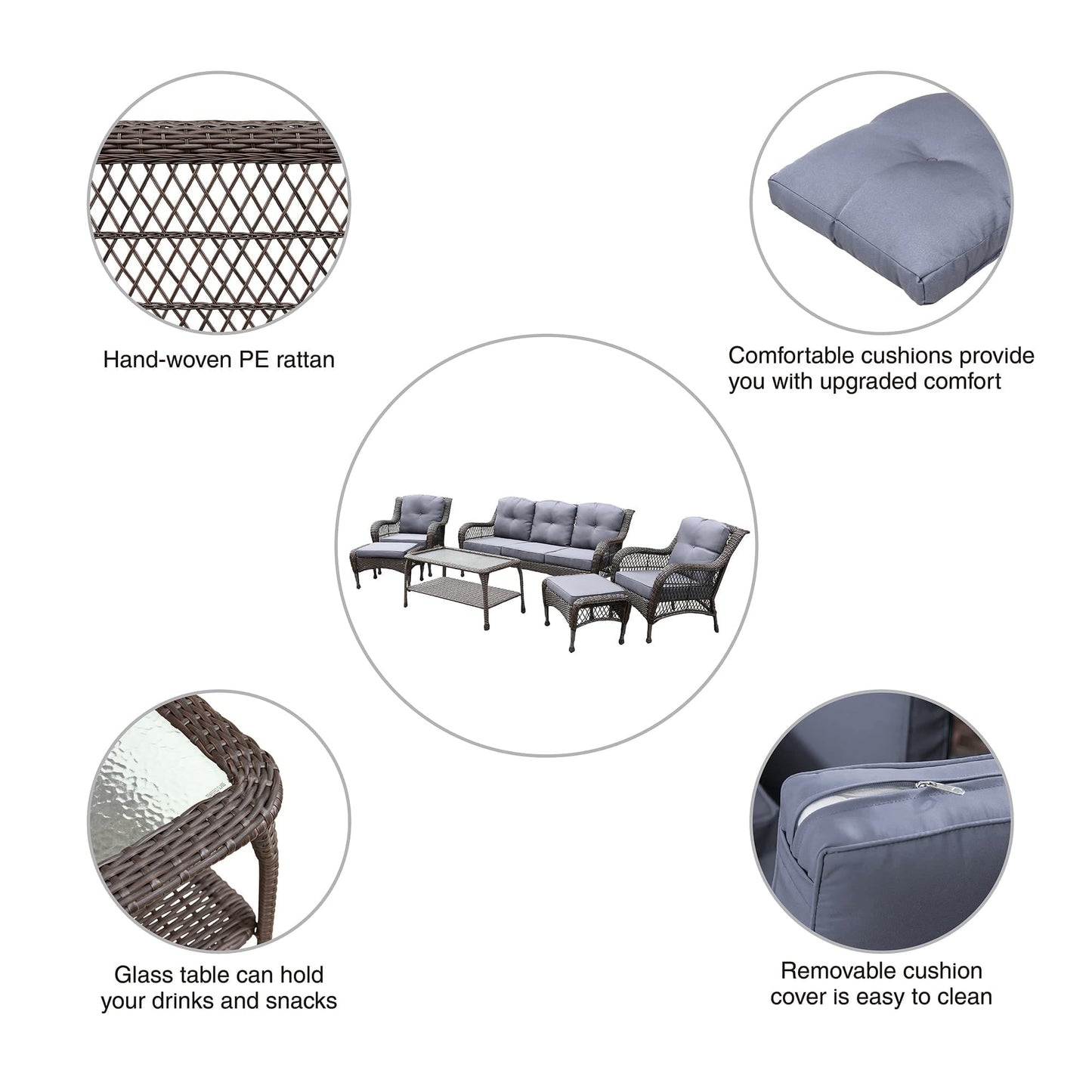 Set da conversazione con mobili da giardino in vimini e resina da 6 pezzi con schienale alto