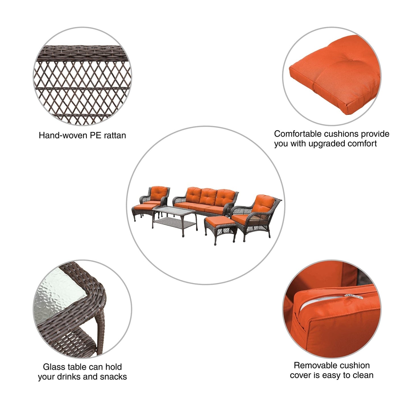 Set da conversazione con mobili da giardino in vimini e resina da 6 pezzi con schienale alto