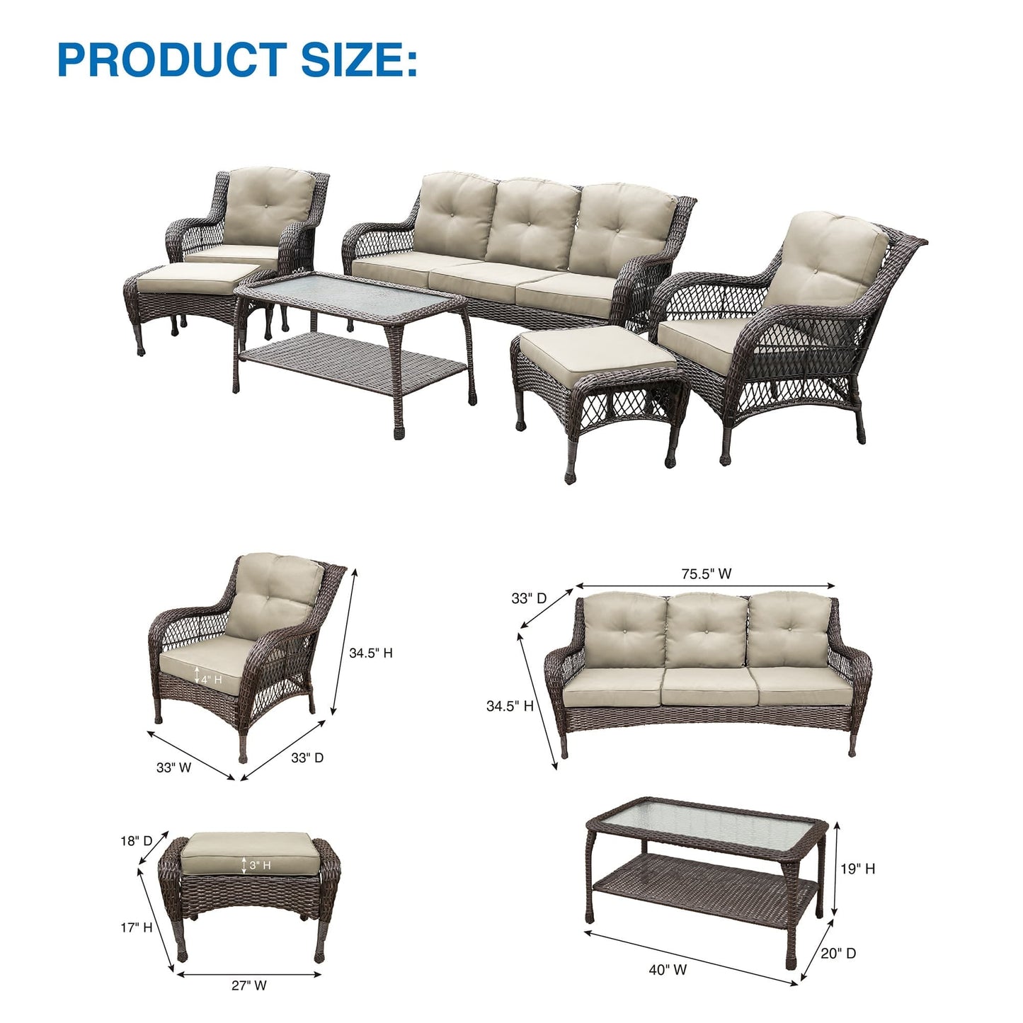 Set da conversazione con mobili da giardino in vimini e resina da 6 pezzi con schienale alto