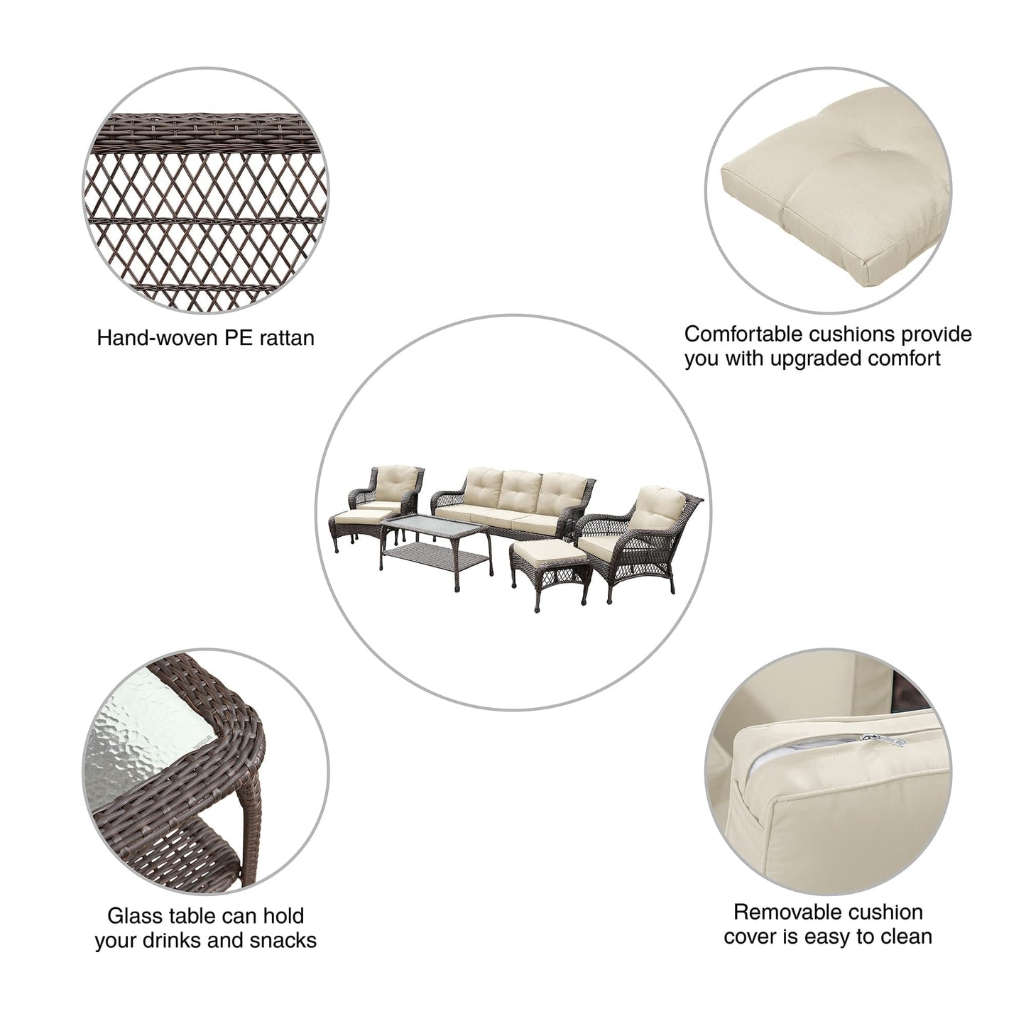 Set da conversazione con mobili da giardino in vimini e resina da 6 pezzi con schienale alto