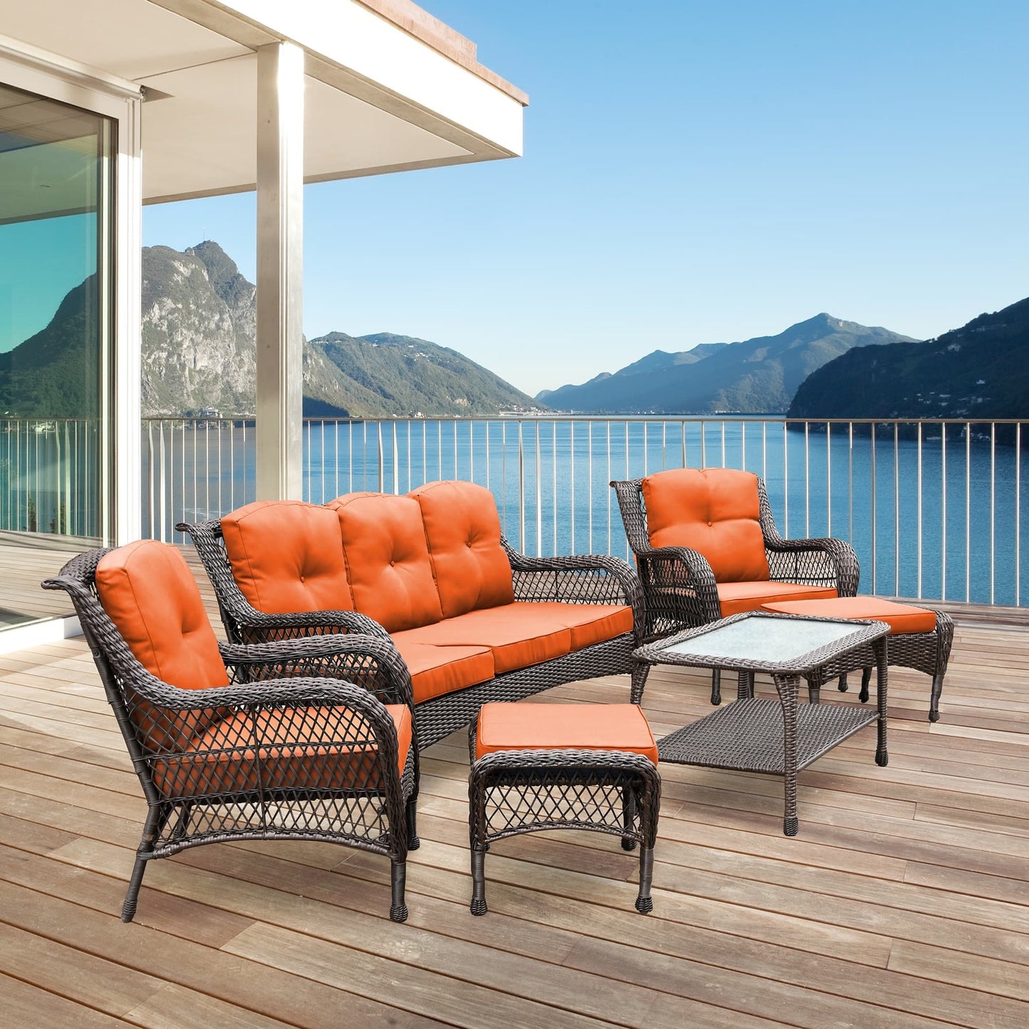 Set da conversazione con mobili da giardino in vimini e resina da 6 pezzi con schienale alto