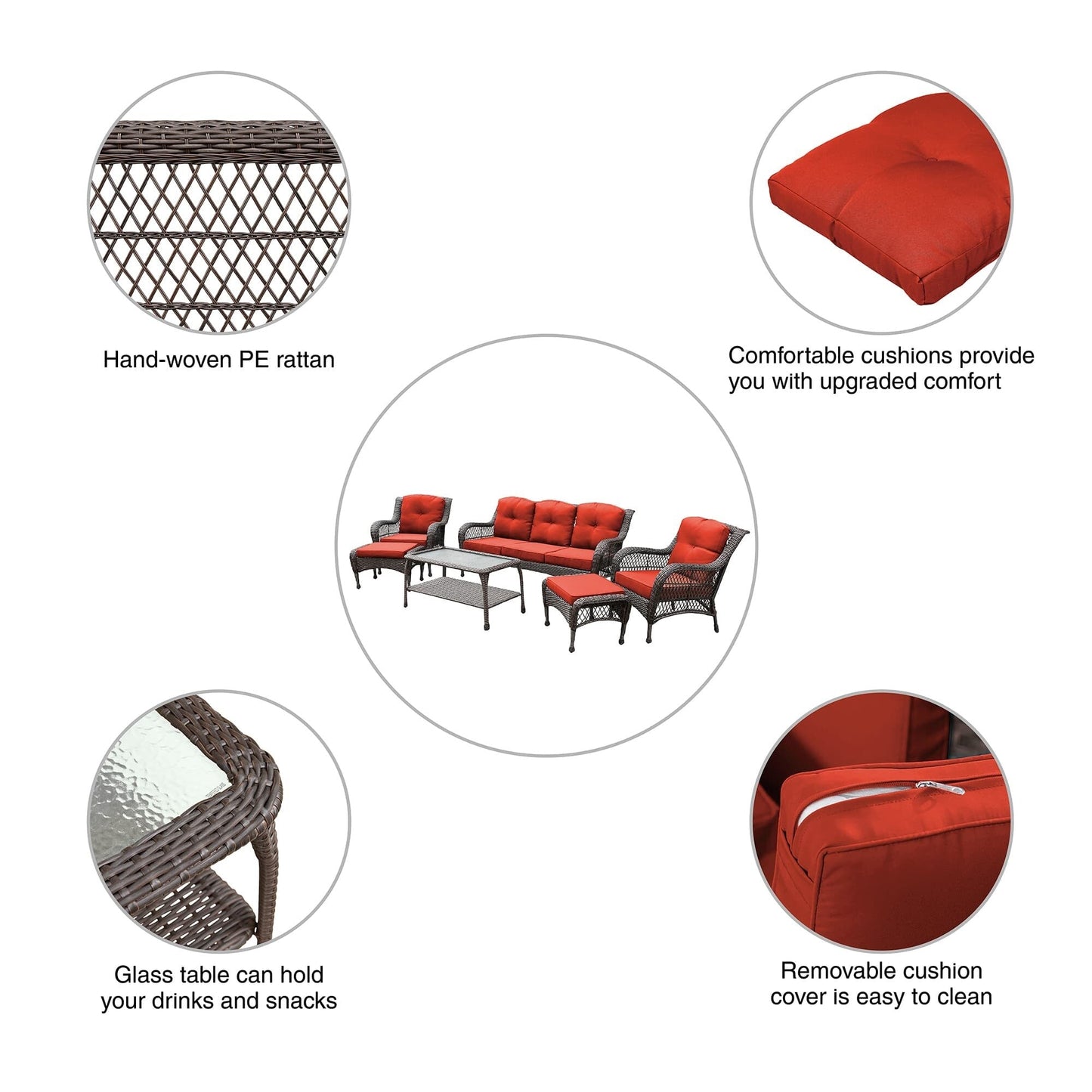 Set da conversazione con mobili da giardino in vimini e resina da 6 pezzi con schienale alto