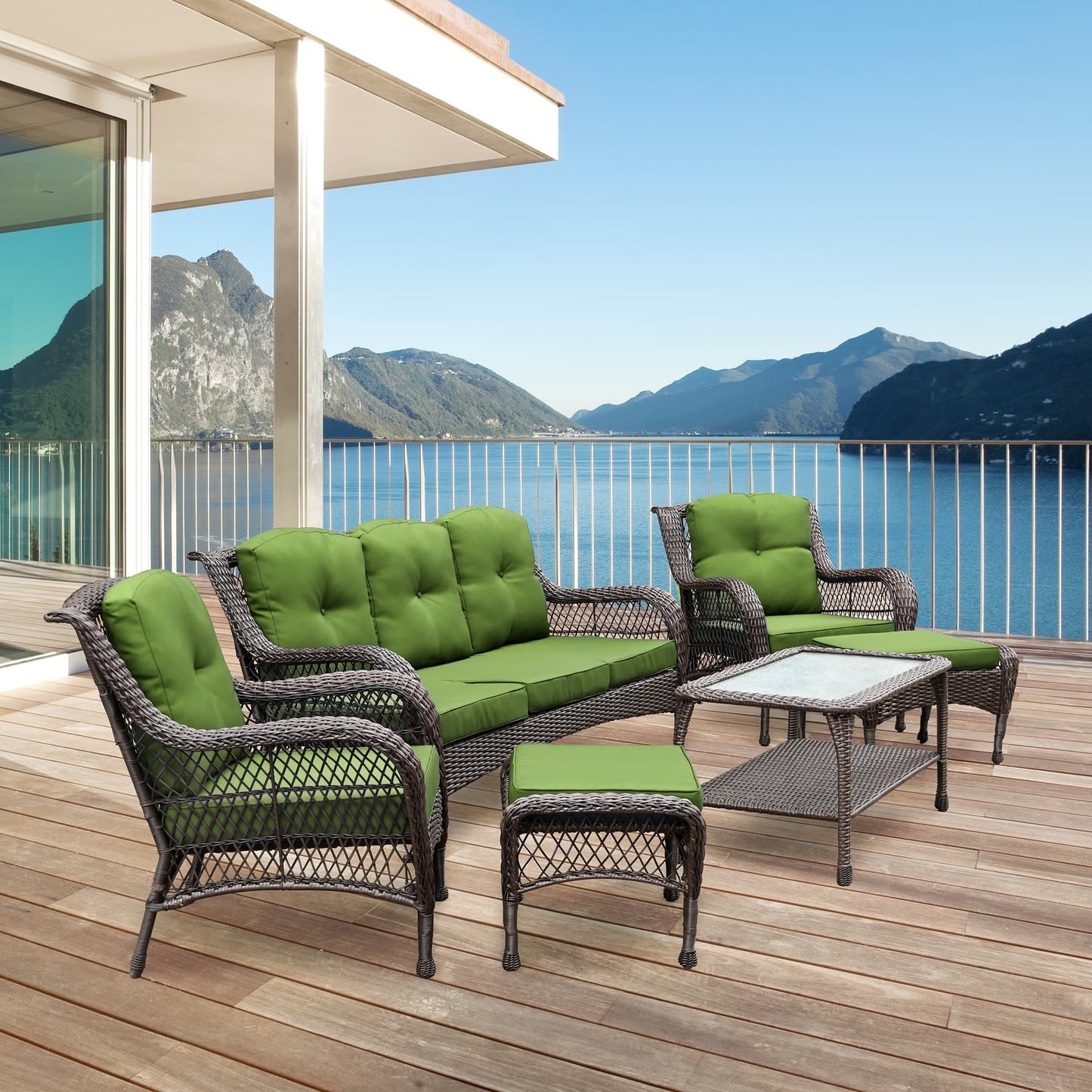 Set da conversazione con mobili da giardino in vimini e resina da 6 pezzi con schienale alto