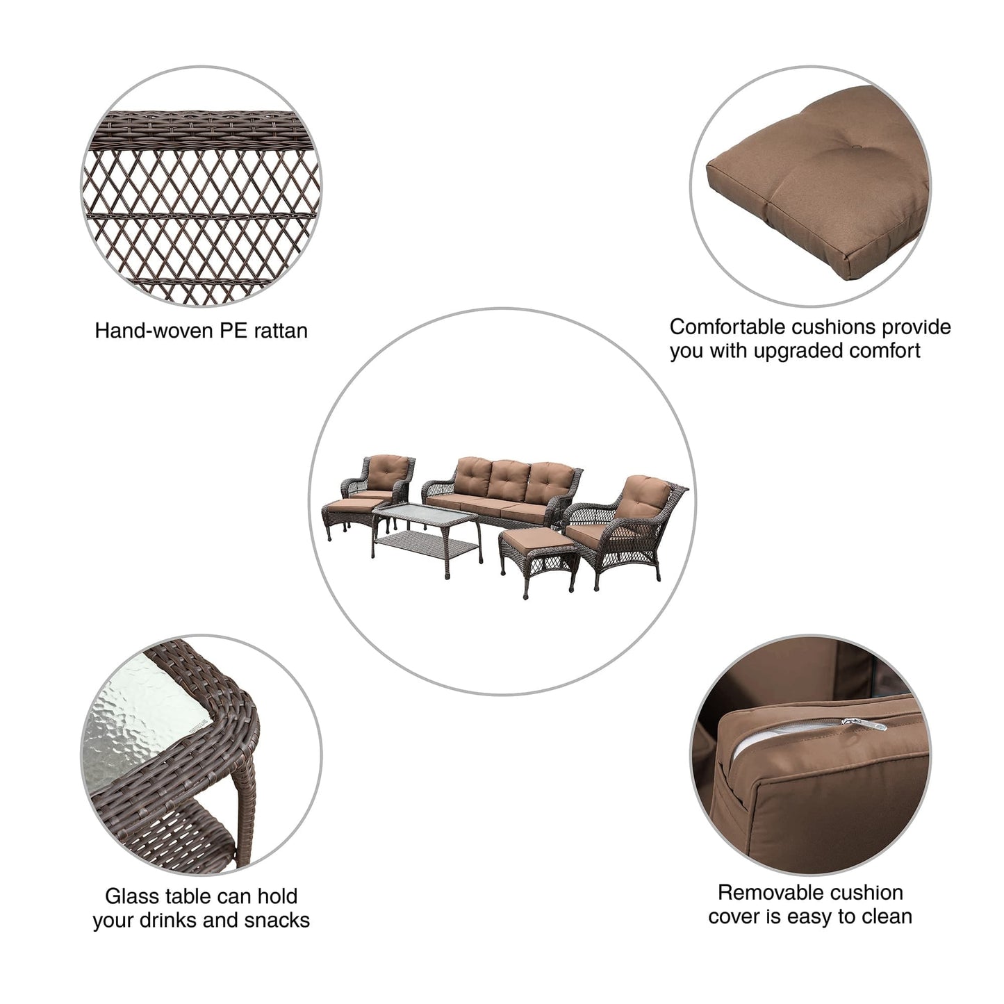 Set da conversazione con mobili da giardino in vimini e resina da 6 pezzi con schienale alto