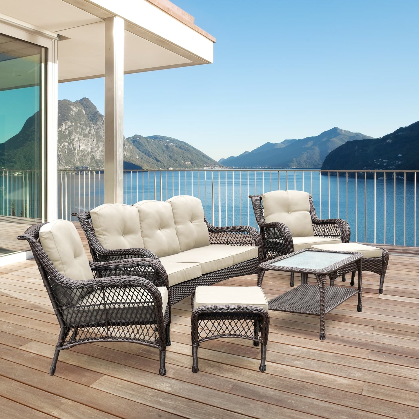 Set da conversazione con mobili da giardino in vimini e resina da 6 pezzi con schienale alto