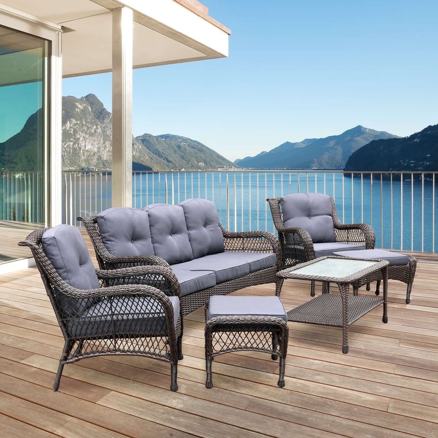 Set da conversazione con mobili da giardino in vimini e resina da 6 pezzi con schienale alto