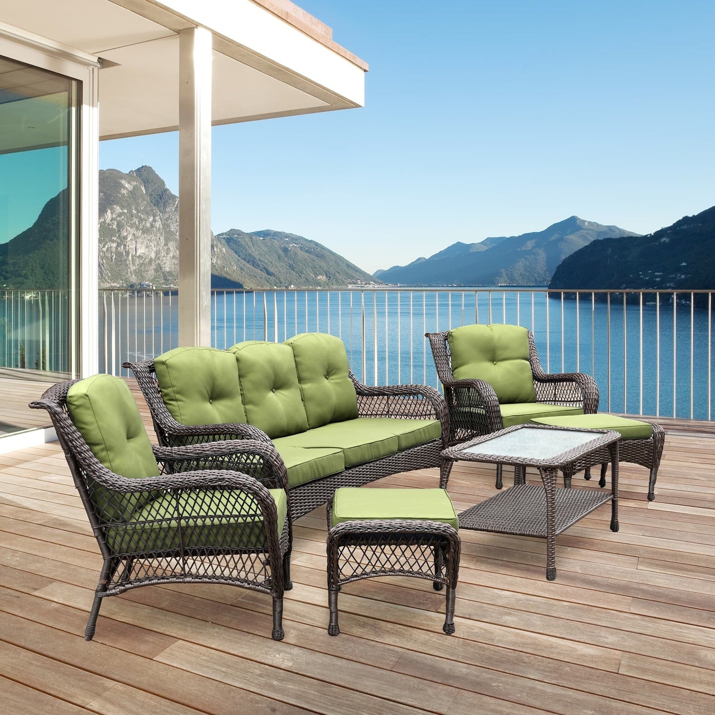 Set da conversazione con mobili da giardino in vimini e resina da 6 pezzi con schienale alto