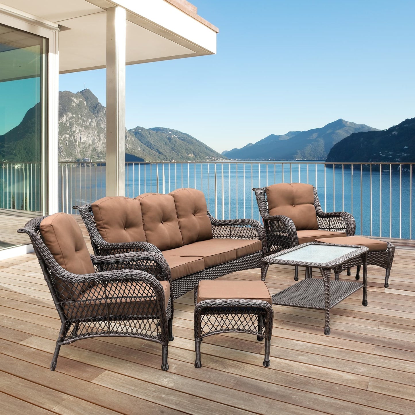 Set da conversazione con mobili da giardino in vimini e resina da 6 pezzi con schienale alto