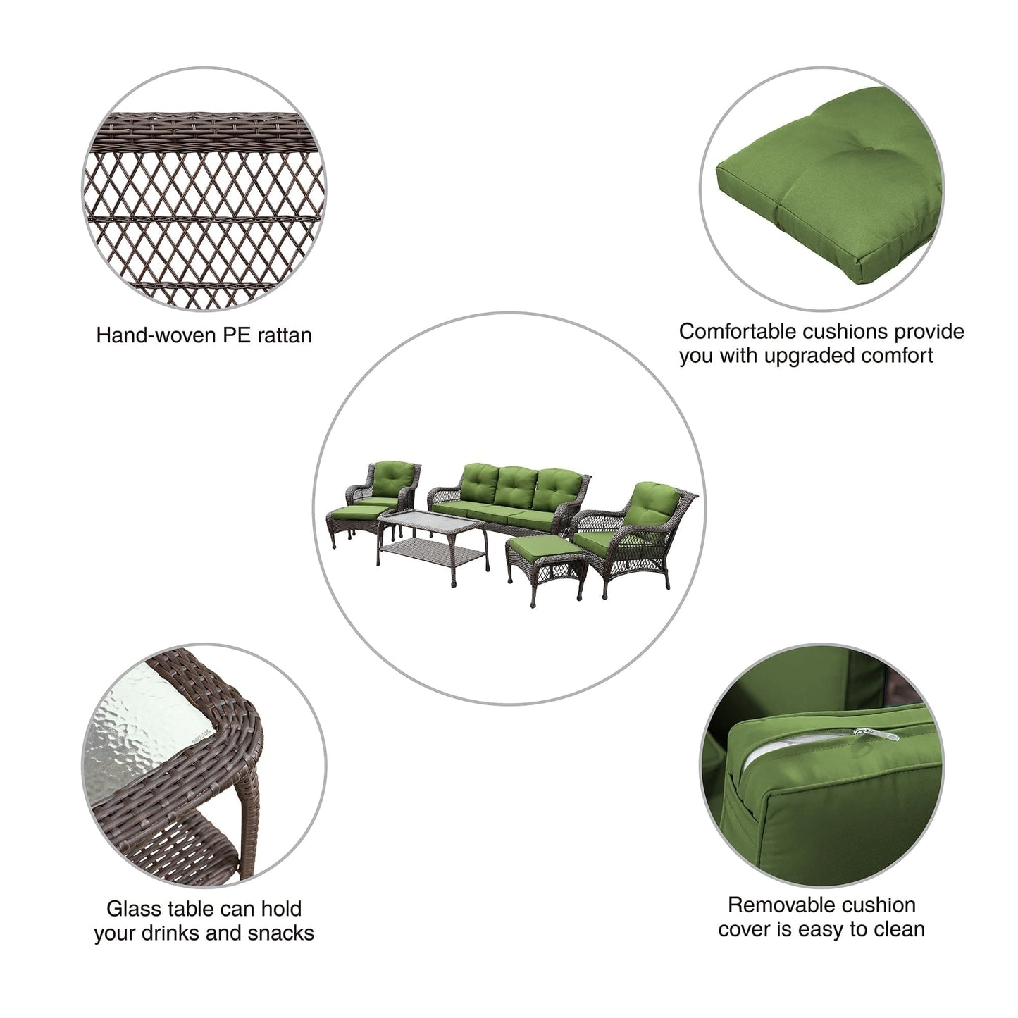 Set da conversazione con mobili da giardino in vimini e resina da 6 pezzi con schienale alto